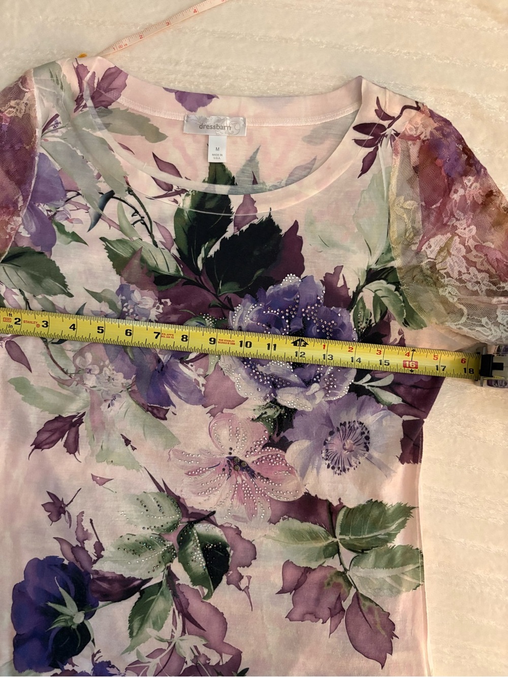 dressbarn Purple and Green Floral long Sleeve Tee, lace sleeves, rhinestones